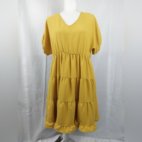 perfect peach Dresses & Skirts - 34. Perfect Peach Women's Mustard Yellow Tiered Ruffle Short Sleeve Dress Size M